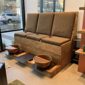 Salvaged Doug Fir pedicure station at Kaelen Harwell Organic Day Spa