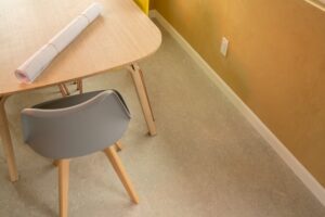 American Clay Enjarre finish in Tucson Gold, Marmoleum click in Concrete, at EcoSense Sustainable Landsapers Offices- Photos by Logan Havens