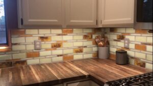 Sustainable Northwest Wood Walnut Countertops and Bedrock recycled glass tile backsplash