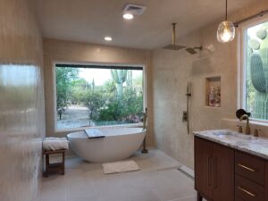 Vasari Veneziano lime plaster in Calmante Tadelakt finish. Ceiling in Calmante lime paint