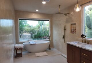 Vasari Veneziano lime plaster in Calmante Tadelakt finish. Ceiling in Calmante lime paint
